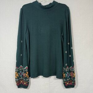 THML Women's Mock Neck Embroidered Balloon‎ Sleeve Top Size XL Boho Cottagecore